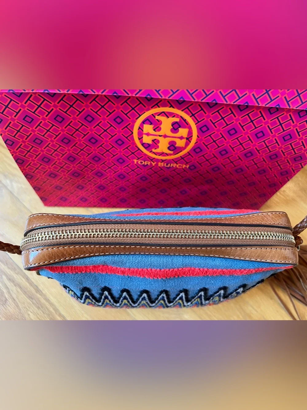 Tory Burch Chambray Blue Multicolor Taylor Embroidered Camera Bag